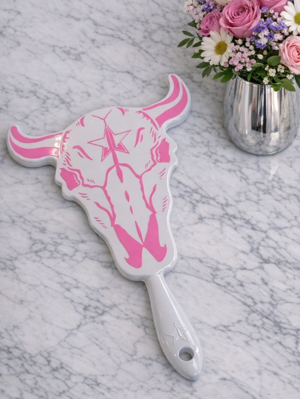 Jeffree Star Bull Skull Handheld Mirror Pink White Western Glam Vanity Accessory